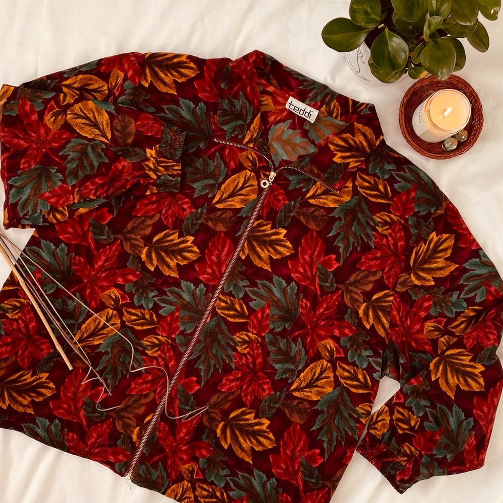vintage leaf print silky feel spring oversized jacket